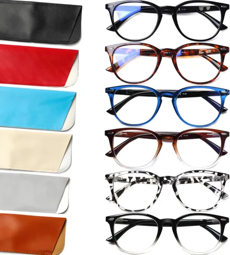 Miniatura 10 de Henotin - Paquete de 6 lentes de lectura para hombres y mujeres, con bloqueo de luz azul, elegantes, para computadora, con estuche de cuero Mezcla