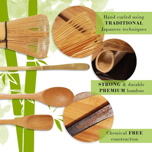 Miniatura 4 de BambooMN Juego de batidor de matcha - Chasen (batidor de té), Chashaku (cuchara de bambú con gancho), cuchara de té - negro
