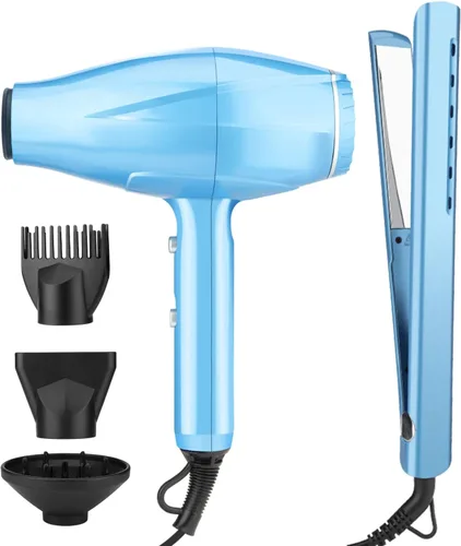 Juego de plancha plana y soplador, motor de CA de 2200 W, secado rápido, secador de pelo iónico de bajo ruido con boquilla difusora, peine