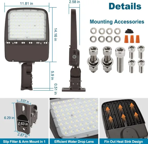 Miniatura 6 de Luz LED de estacionamiento de 240 W con fotocélula, luces de poste comerciales al aire libre con ajuste deslizante y soporte de brazo en 1, 36000LM