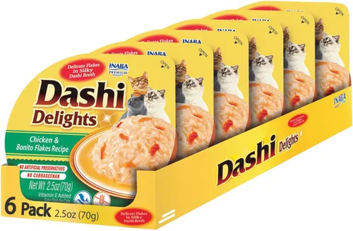 INABA Dashi Delights para gatos, guarnición de pollo desmenuzado con caldo de hojuelas de bonito, complemento de comida para gatos con taurina y