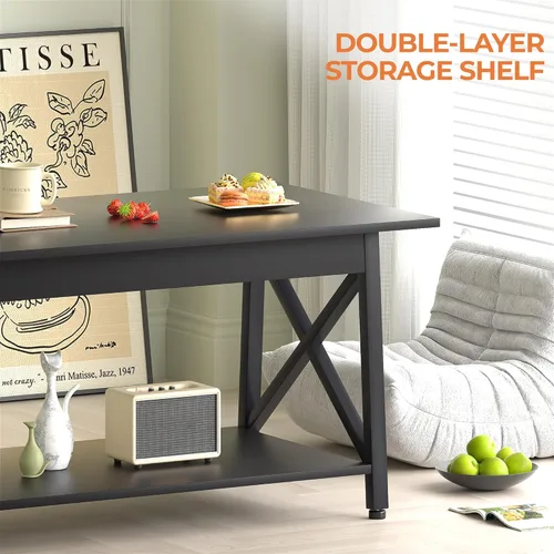 Miniatura 6 de GreenForest - Mesa de café negra con estante de almacenamiento de 39 pulgadas, mesa central rectangular de 2 niveles para sala de estar, mesa Negro