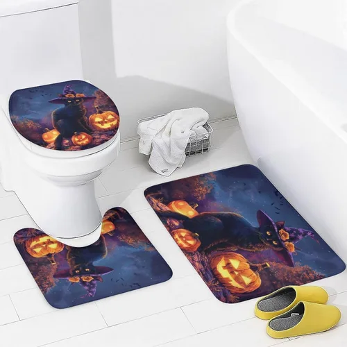 Miniatura 4 de Juego de 4 cortinas de ducha divertidas con diseño de gato, calabaza, luna, con alfombras, tapa de inodoro y tapete de baño, farol de Halloween
