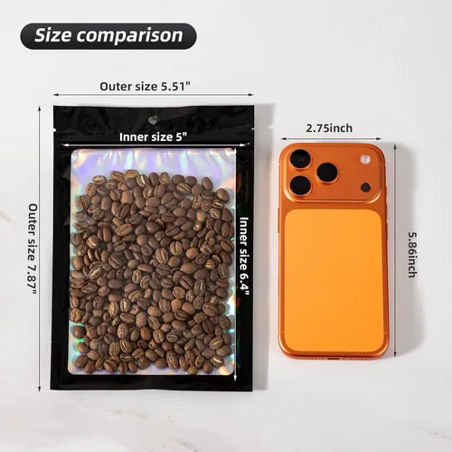 Miniatura 2 de 50 bolsas holográficas negras de Mylar de 5.5 x 7.8 pulgadas, bolsas con cremallera de aluminio resellables para gomitas, recuerdos de fiesta