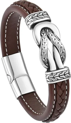 Pulsera de cuero con nudo infinito para hombre, acero inoxidable, negromarrón, cuero genuino, trenzada, pulsera de joyería para hombres, padre,