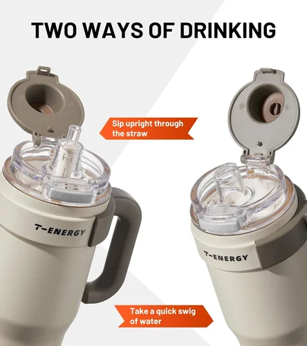 Miniatura 3 de TKK Vasos aislados de 40 onzas con asa y pajilla, taza de viaje de acero inoxidable con revestimiento de cerámica, taza de café helado de doble