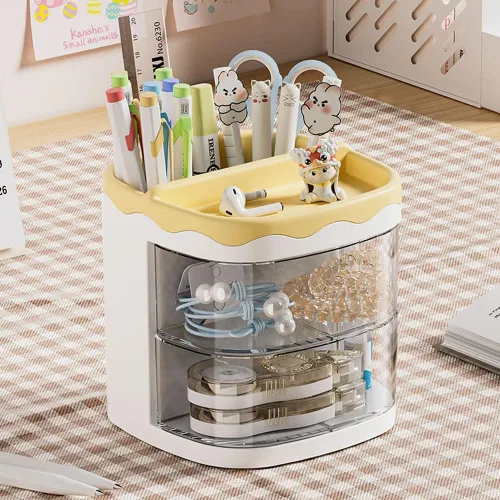 Miniatura 7 de Portalápices, organizador de bolígrafos, soporte para lápices para escritorio, organizador de escritorio con cajón para la escuela, el hogar, Azul