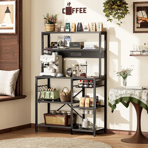 Miniatura 5 de SUPERJARE Estante de panadería con toma de corriente, barra de café de 35.4 pulgadas con canasta de alambre, soporte para microondas de cocina con 6