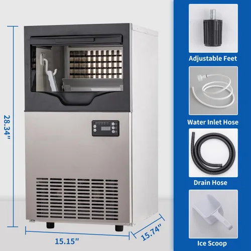 Miniatura 7 de Máquina comercial para hacer hielo de 100 libras/día, máquina de hielo de acero inoxidable debajo del mostrador, lista para hielo en 5-15 minutos