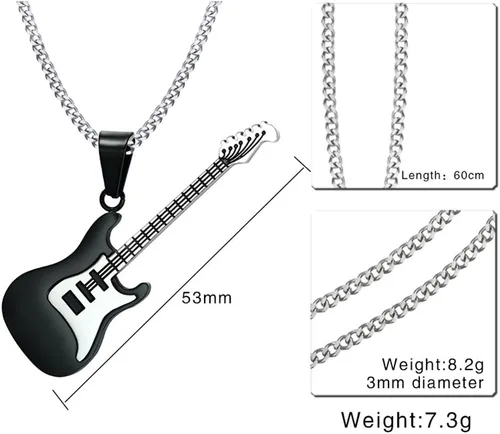 Miniatura 2 de jonline24h Collar con colgante de acero inoxidable para amantes de la música y guitarra para hombres y mujeres, cadena libre de 24 pulgadas