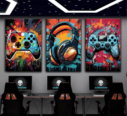 Miniatura 3 de 3 piezas de arte de pared para juegos geniales, pósters de acuarela de videojuegos retro, cuadros coloridos de mando de neón, impresiones de pintura