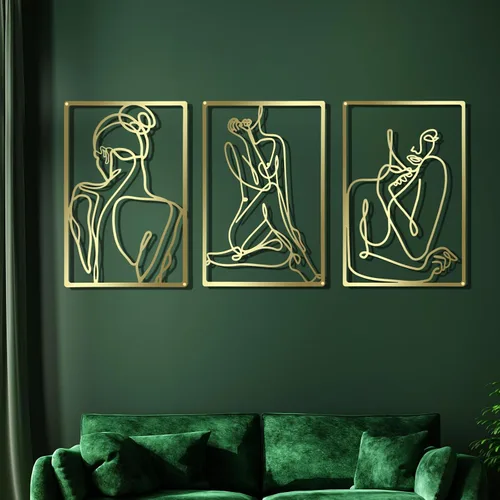 CHENGU - 3 piezas de decoración de pared dorada, arte de pared minimalista de metal de una sola línea, decoración de pared para dormitorio, arte de