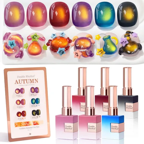 Miniatura 30 de Double Rhythm - Juego de esmalte de uñas de gel ojo de gato de 6 unidades, mismo color, misma botella, 14.8 ml, brillo con glitter, con imán