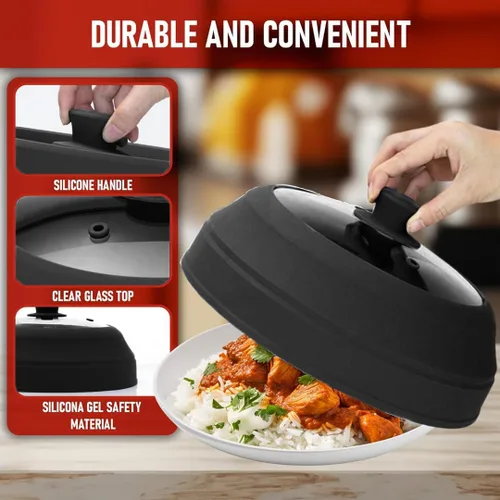 Miniatura 3 de Cubierta de vidrio para microondas para alimentos, tapa grande de vidrio templado y silicona de 10.8 pulgadas, resistente al calor, protector