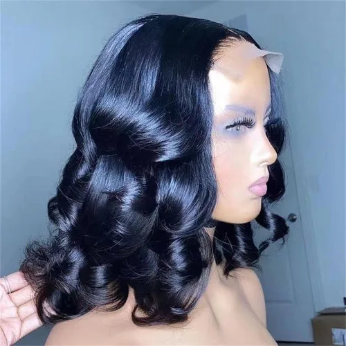 Miniatura 3 de Peluca de encaje frontal sintética de onda profunda corta 180% de densidad, sin pegamento, línea de cabello natural, onda profunda, peluca de encaje