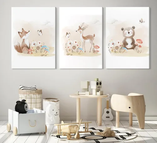 Miniatura 4 de MIZILI Lienzo de animales del bosque para cuarto de bebé, arte de pared, pinturas de animales salvajes, acuarela, decoración de pared, oso zorro