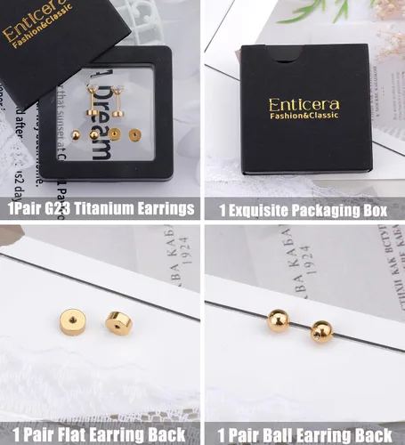 Miniatura 7 de Enticera G23 Aretes de Titanio 5A+Circonita Cúbica Aretes de Botón con Parte Trasera Plana Aretes Hipoalergénicos de Oro 14K Aretes 2-5MM