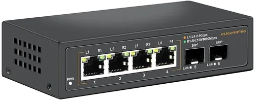 Interruptor Ethernet no administrado de 2.5G con 4 puertos Base-T de 2.5G y 2 puertos de enlace ascendente SFP+ de 10G, compatible con