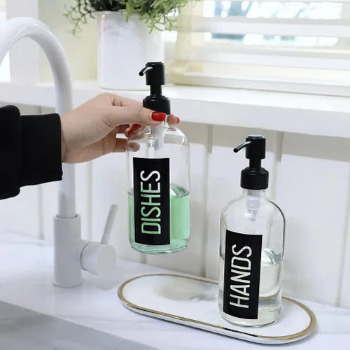 Miniatura 6 de JASAI Paquete de 2 dispensadores de jabón de vidrio de 18 onzas, bomba de acero inoxidable negro, dispensador de cocina con etiqueta elegante