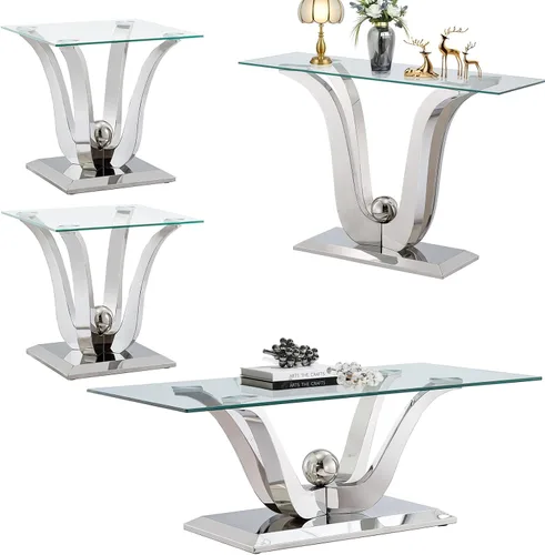 Miniatura 52 de SSLine Mesa auxiliar de cristal de lujo para sala de estar, mesa auxiliar moderna dorada con base de pedestal de acero inoxidable en forma de flor