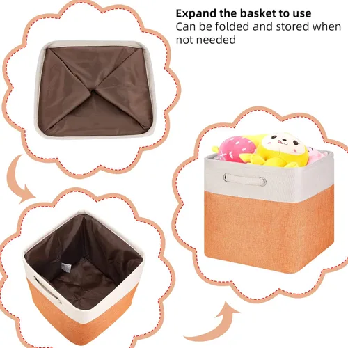 Miniatura 5 de Cajas de almacenamiento plegables de tela, cajas de almacenamiento plegables de 13 pulgadas, canastas de almacenamiento de retazos naranja y beige