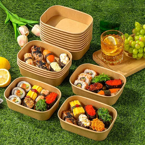 Miniatura 7 de Paquete de 50 cuencos desechables de papel kraft de 19 onzas con tapas y tenedores, recipientes desechables para preparación de comidas, cuencos