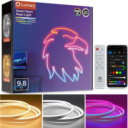 Lumary Luz inteligente RGBAICW de neón para interiores, luces LED de 9.8 pies para dormitorio, funciona con Alexa/Google Assistant, 180 LEDs/m RGB y