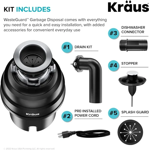 Miniatura 2 de KRAUS WasteGuard KWD100-100MBL - Triturador de basura ultra silencioso de 1 HP con conexión rápida, cubierta de drenaje para fregadero de cocina