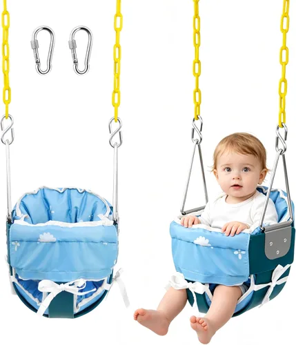 Miniatura 8 de Take Me Away Juegos de columpios para patio trasero, respaldo alto resistente, asiento de columpio para bebé totalmente ajustable con cadenas de Azul