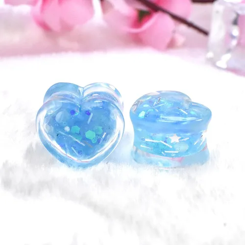Miniatura 4 de 6 unids3 pares brillando Paillette en forma de corazón medidores de oreja túneles y enchufe acrílico dilatador de oreja Stud estirando