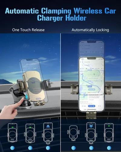 Miniatura 4 de Soporte inalámbrico 3 en 1 para cargador de automóvil, soporte de teléfono de carga rápida de 15 W para iPhone 17 16 15 14, Samsung Galaxy S24 S23
