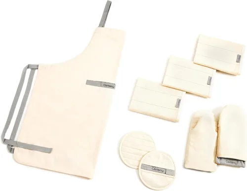 Caraway Juego de lino – Delantal, soportes para ollas, guantes de horno y paños de cocina – 100% algodón orgánico – Duradero, lavable a máquina