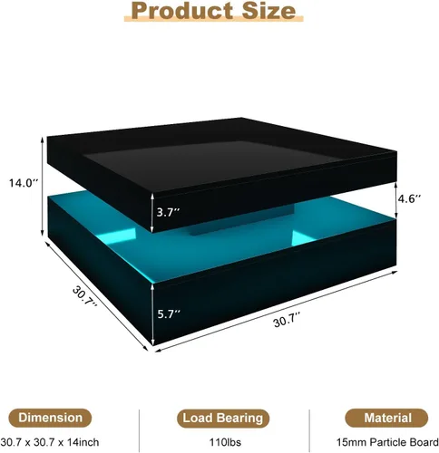Miniatura 2 de HedoAjim Mesa de centro LED negra para sala de estar, mesa de sala de estar, mesas centrales cuadradas de 2 niveles, mesas de centro de madera