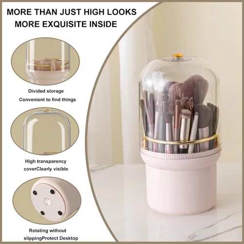Miniatura 9 de THE LIMIT Caja organizadora de maquillaje giratoria de 360 grados, resistente al polvo, impermeable, 6 compartimentos, soporte para brochas