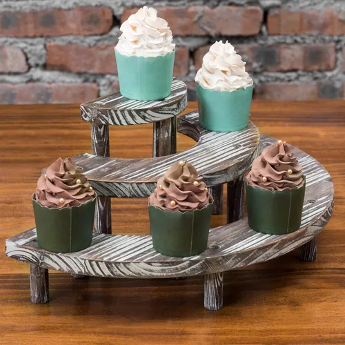 Miniatura 2 de MyGift Soporte de postre rústico de 3 niveles, elevadores de exhibición de magdalenas de semicírculo de madera quemada
