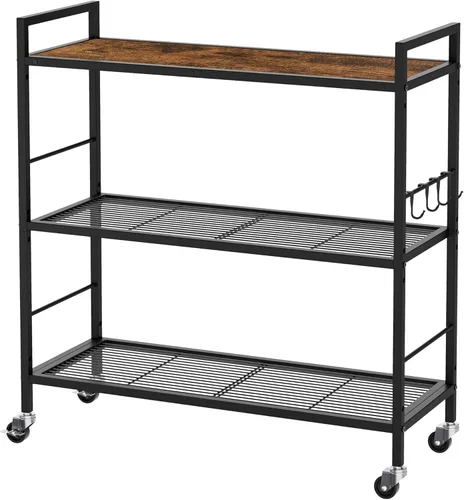 Estante de almacenamiento de metal de 3 niveles con ruedas industriales, estantería de malla con mesa de madera, estante ajustable, 31.5 pulgadas de