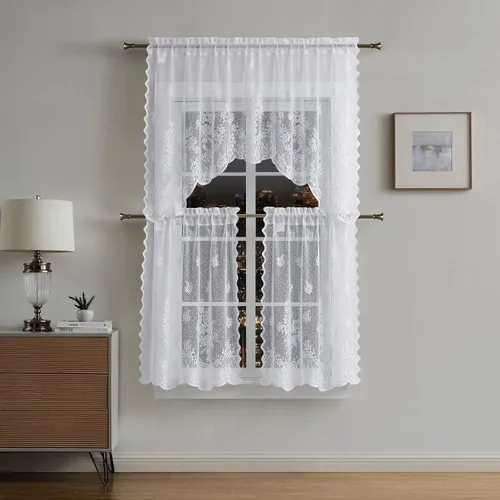 Miniatura 6 de Warm Home Designs El paquete de 3 cortinas de lino dorado para ventana de cocina incluye 2 niveles de 24 pulgadas y cenefa con festón. Juego