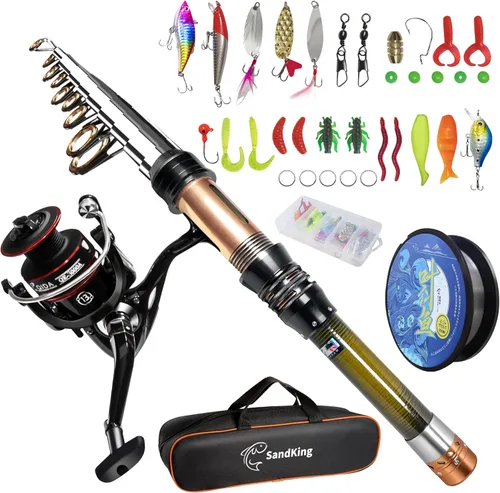 Kit de caña de pescar, combo de caña de pescar telescópica de fibra de carbono y carrete con carrete giratorio, línea, cebo biónico, anzuelos y