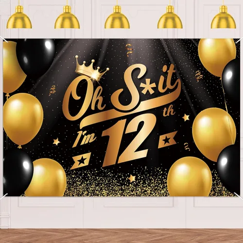 Miniatura 28 de Oh S*hit I'm 10th Banner telón de fondo negro dorado globos corona confeti Hallo Quince Cheers to 10 años decoración temática decoración para hombre