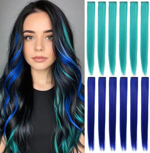 Miniatura 2 de Rhyme 12 piezas de extensiones de cabello de color azul y verde azulado con reflejos de princesa de 21 pulgadas con clip para niñas americanas