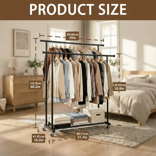 Miniatura 2 de Perchero de doble barra para colgar ropa, portátil, con ruedas, perchero de metal resistente con estantes dobles para dormitorio, lavandería, sala