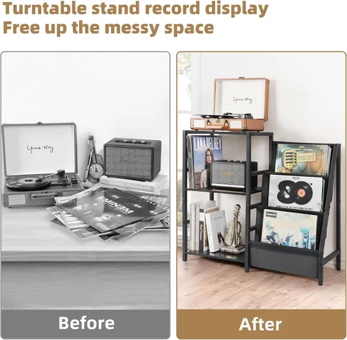 Miniatura 6 de Bikoney Soporte para Tocadiscos, Soporte para Tocadiscos con Almacenamiento de Discos de Vinilo de 3 Niveles, Mesa para Tocadiscos de Hasta 200