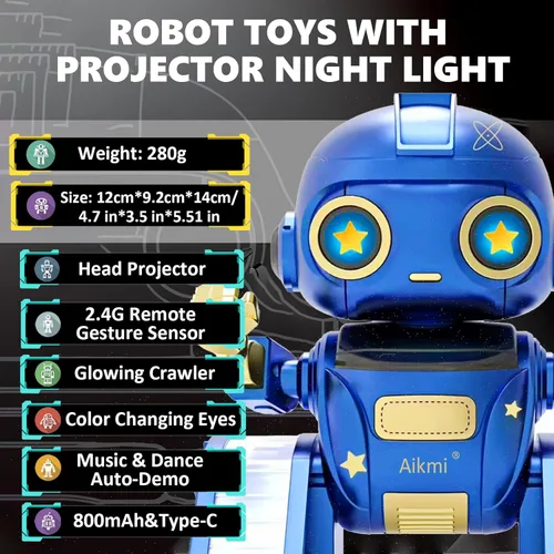Miniatura 3 de Aikmi Juguetes Robot para Niños de 5-7, Robot Recargable de Control Remoto con Proyector de Luz Nocturna para Niños, Sensor de Gestos, Música, Azul