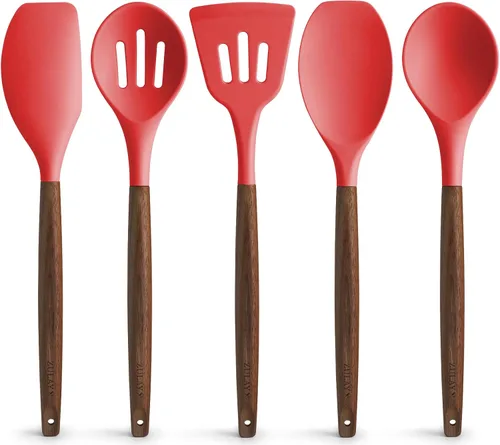 Zulay Kitchen Juego de Utensilios de Cocina de Silicona Antiadherente con Auténticas Asas de Madera de Acacia - Juego de Utensilios de Silicona de 5