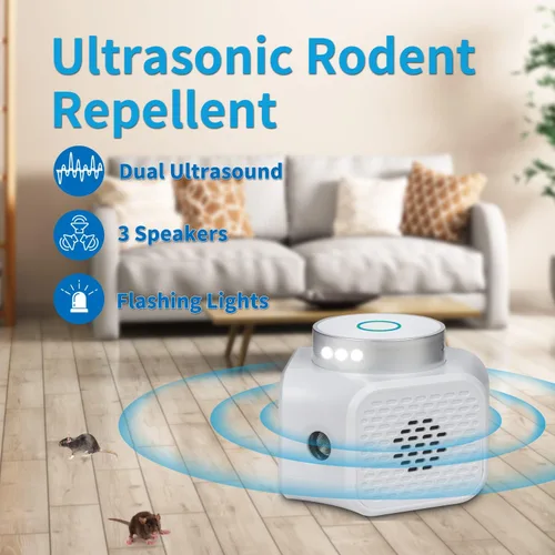 Miniatura 2 de Repelente ultrasónico de roedores enchufable – Ratones de interior, ratas, ardillas, dispositivo disuasorio de murciélagos con 4 modos, luces