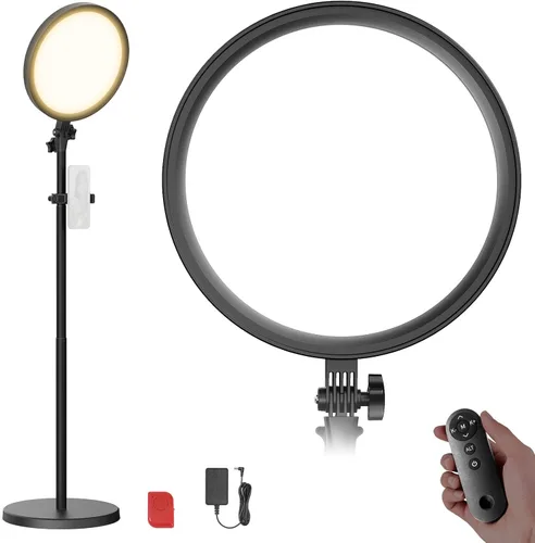 NEEWER Basics Anillo de luz circular grande de 12 pulgadas y 24W con soporte de 68 pulgadas/soporte para teléfono/control remoto para grabación de