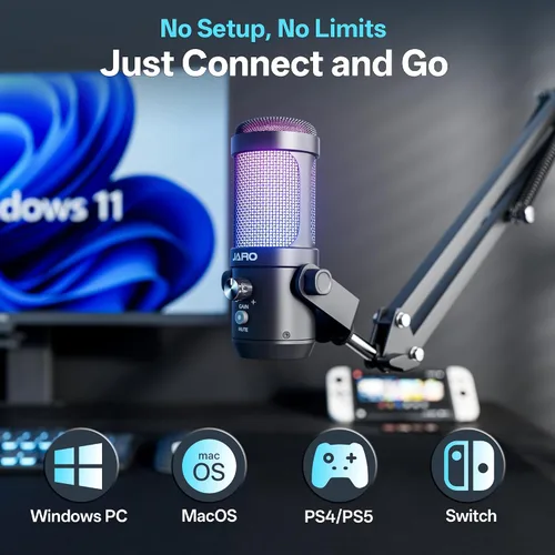 Miniatura 3 de JARO Micrófono USB para podcast con brazo de brazo, micrófono de condensador de estudio con monitoreo en tiempo real, silencio, control de volumen