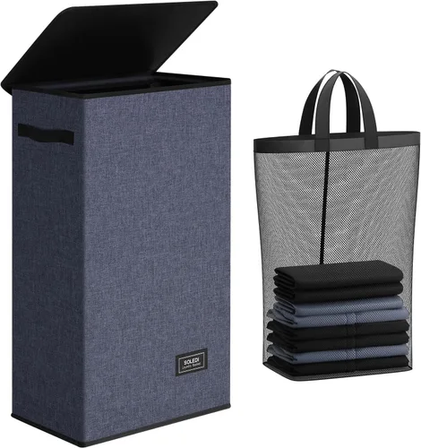 Miniatura 31 de SOLEDI - Canasta de lavandería con tapa de 100L, canasta de ropa plegable grande y alta, cesta de lavandería con bolsa removible fácil