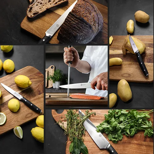 Miniatura 6 de Juego de cuchillos de cocina MasterChef con bloque y afilador más tijeras, juego de 15 cuchillos de chef de grado profesional con cuchillas de acero