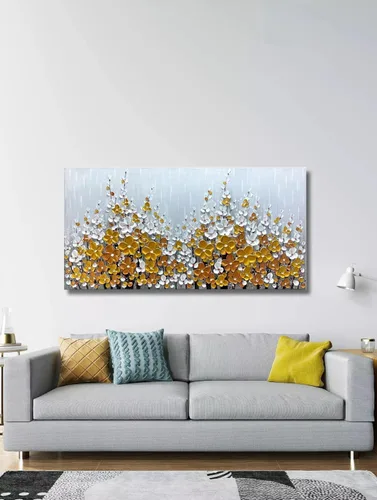 Miniatura 3 de Yika Art Pinturas – Arte de pared de árbol de flores de plata dorada 3D de 24 x 48 pulgadas, cuchillo texturizado abstracto, pintura acrílica sobre